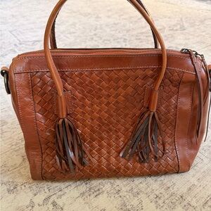 Noonday Woven Leather Tassel Satchel in Brown